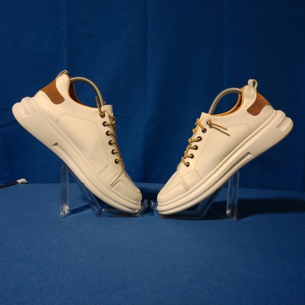 Fashion Sport Mens White Low Top Sneakers Tan Accents Casual Shoes Size 40 - Picture 1 of 8